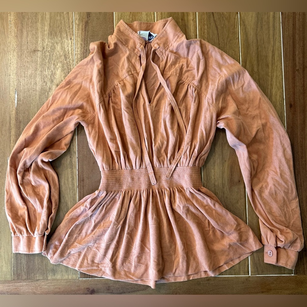 Vintage Trolley Car 70s Apricot Faux Suede Peasant Peplum Top Orange Medium